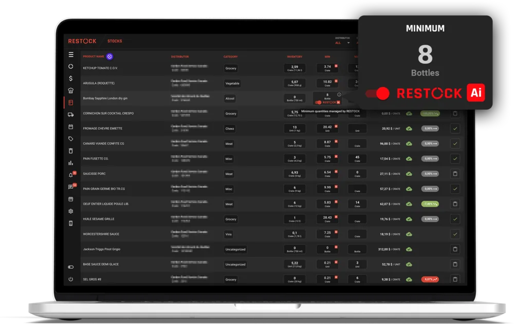 The RESTOCK stock list on a laptop, with the minimum quantity set by RESTOCK AI