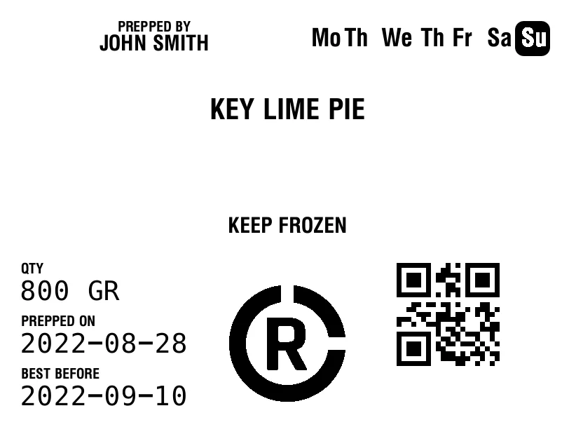 A prep label printed by RESTOCK: the item, who prepared it, the quantity, the prep and best-before dates, storage and a QR code