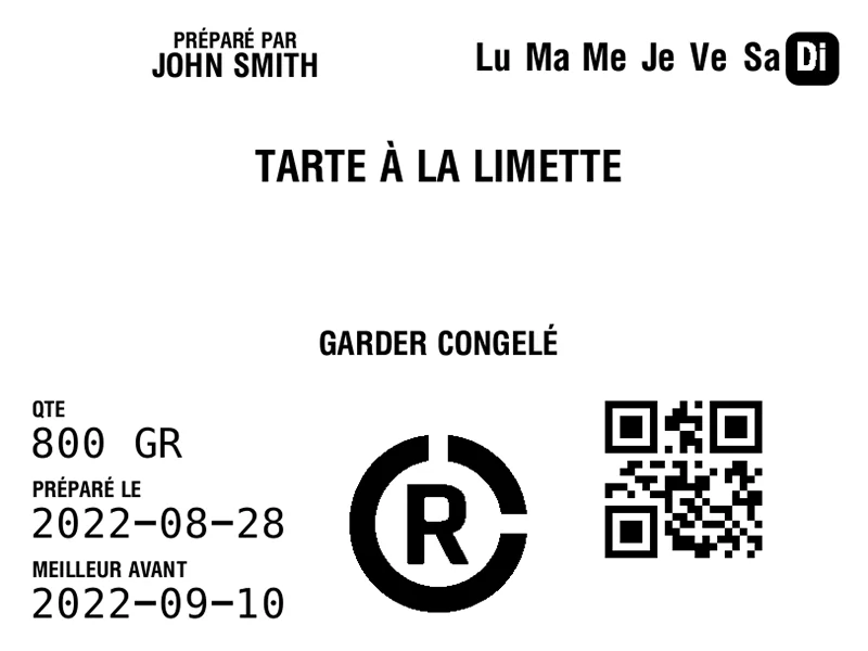 Une étiquette de mise en place imprimée par RESTOCK&nbsp;: l'article, qui l'a préparé, la quantité, les dates de préparation et de péremption, la conservation et un code QR