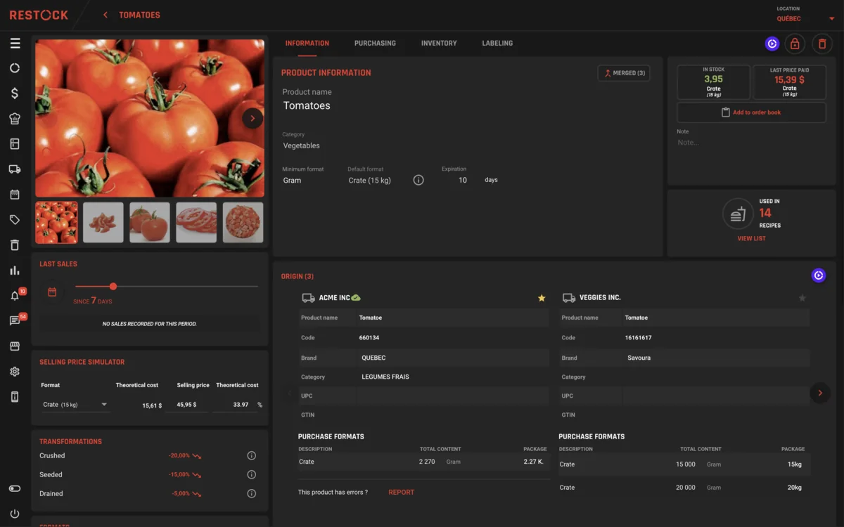 A product record in RESTOCK: photos, formats, supplier origins, stock, latest price, recipe usage and an add-to-order button