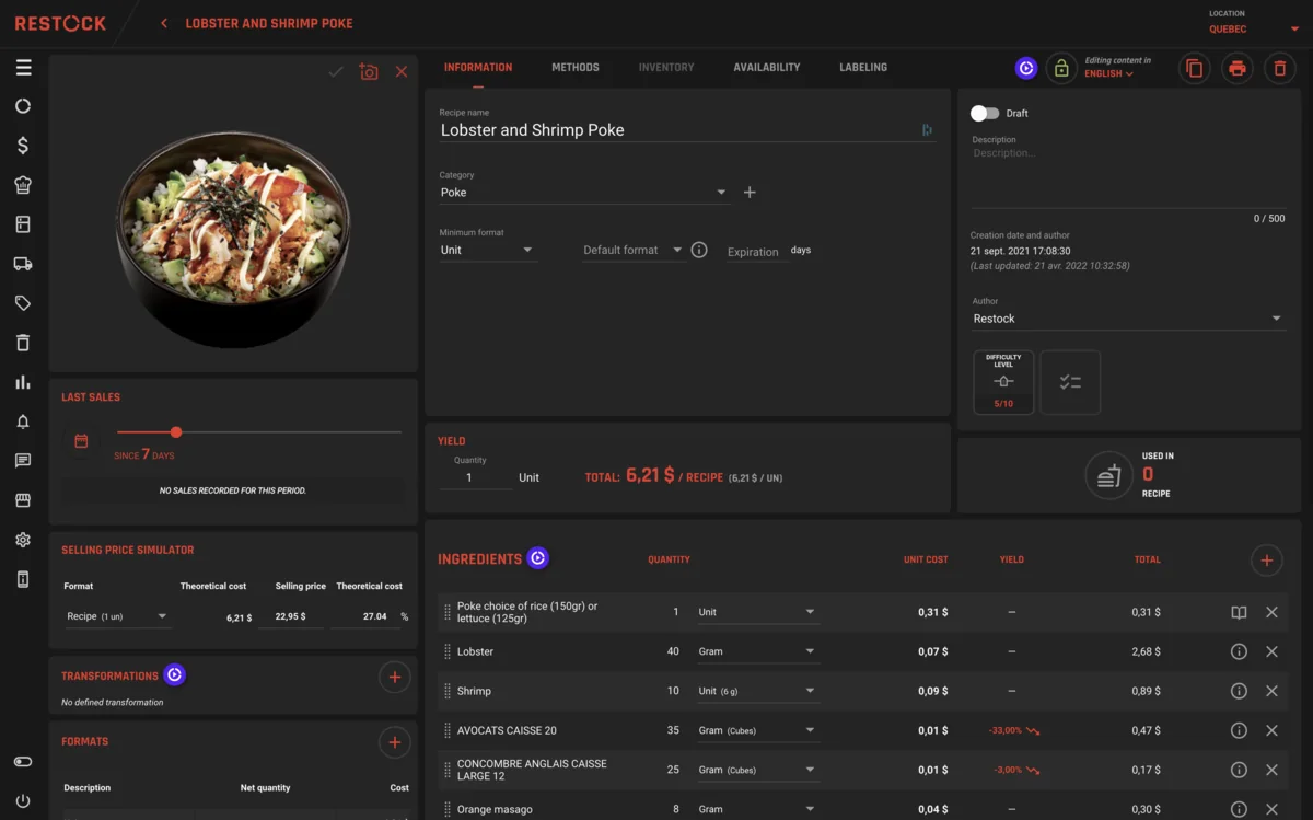 A recipe record in RESTOCK: the dish photo, ingredients, quantities, unit costs, yields and total cost