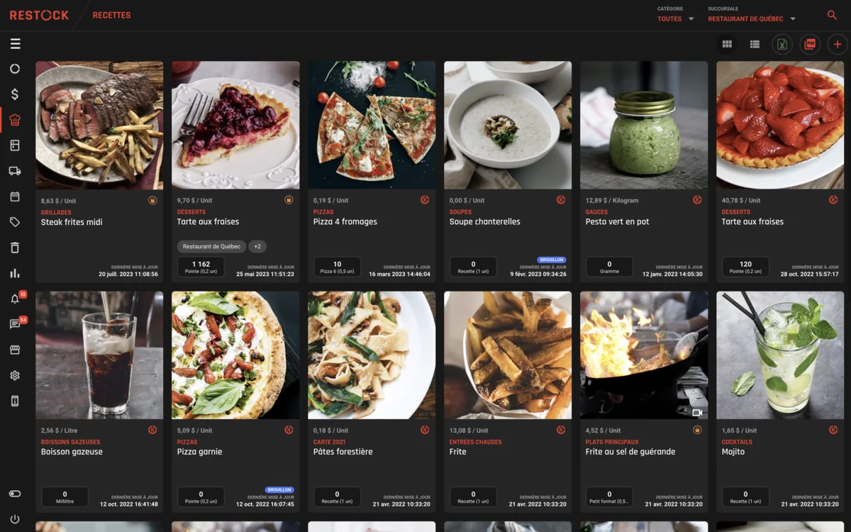 La bibliothèque de recettes dans RESTOCK&nbsp;: chaque plat sur une fiche avec photo, sa catégorie, son coût, sa quantité et sa disponibilité