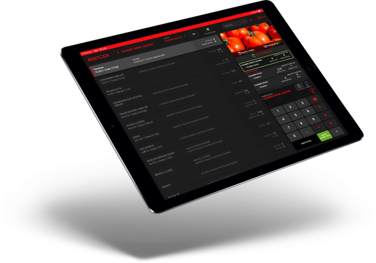 The RESTOCK inventory app on a tablet: the product list, quantities by location and a keypad for the count