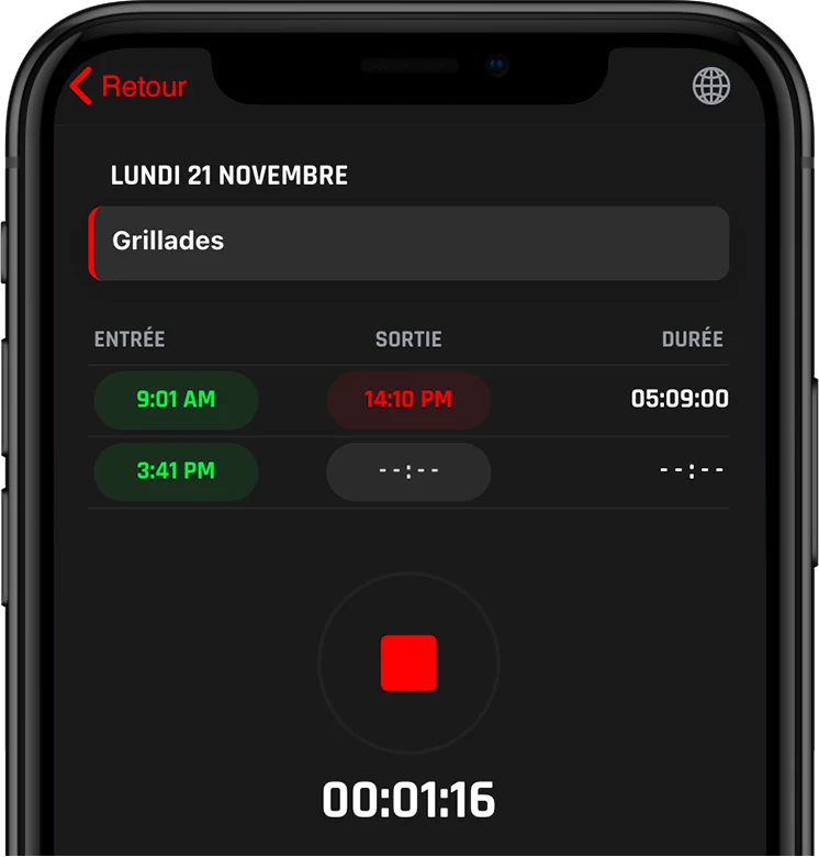 L'application CLOCK&nbsp;: les heures d'entrée et de sortie d'un quart, et sa durée