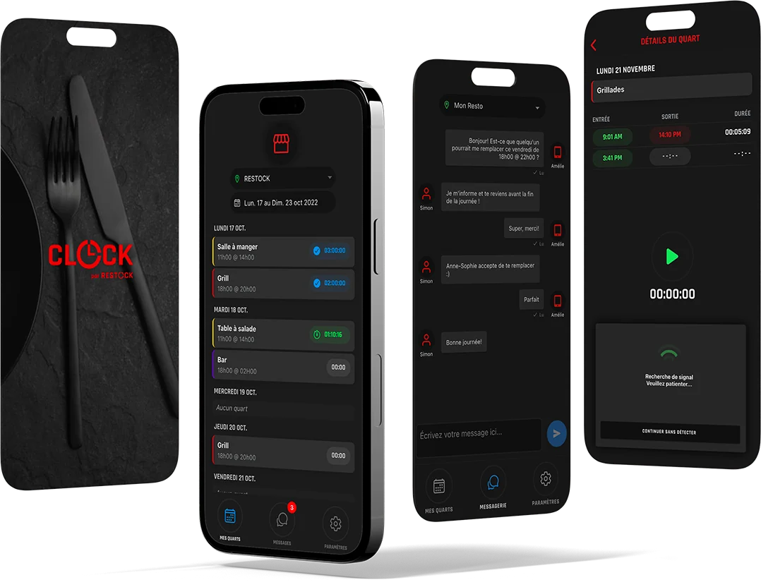 L'application CLOCK sur des téléphones&nbsp;: les quarts de la semaine, la messagerie d'équipe et l'écran de pointage