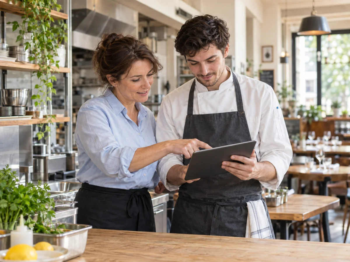 Restaurant colleagues reviewing a tablet together