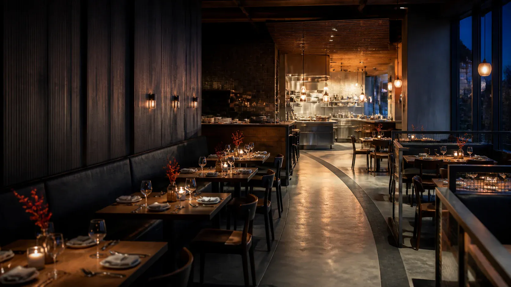 A dining room set and lit before service