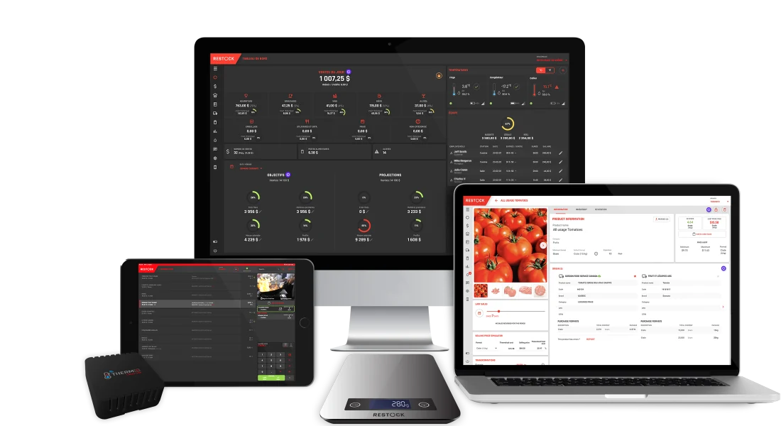 The RESTOCK platform on a desktop dashboard, a laptop and a tablet, with the RESTOCK Scale and a Therm-iQ sensor
