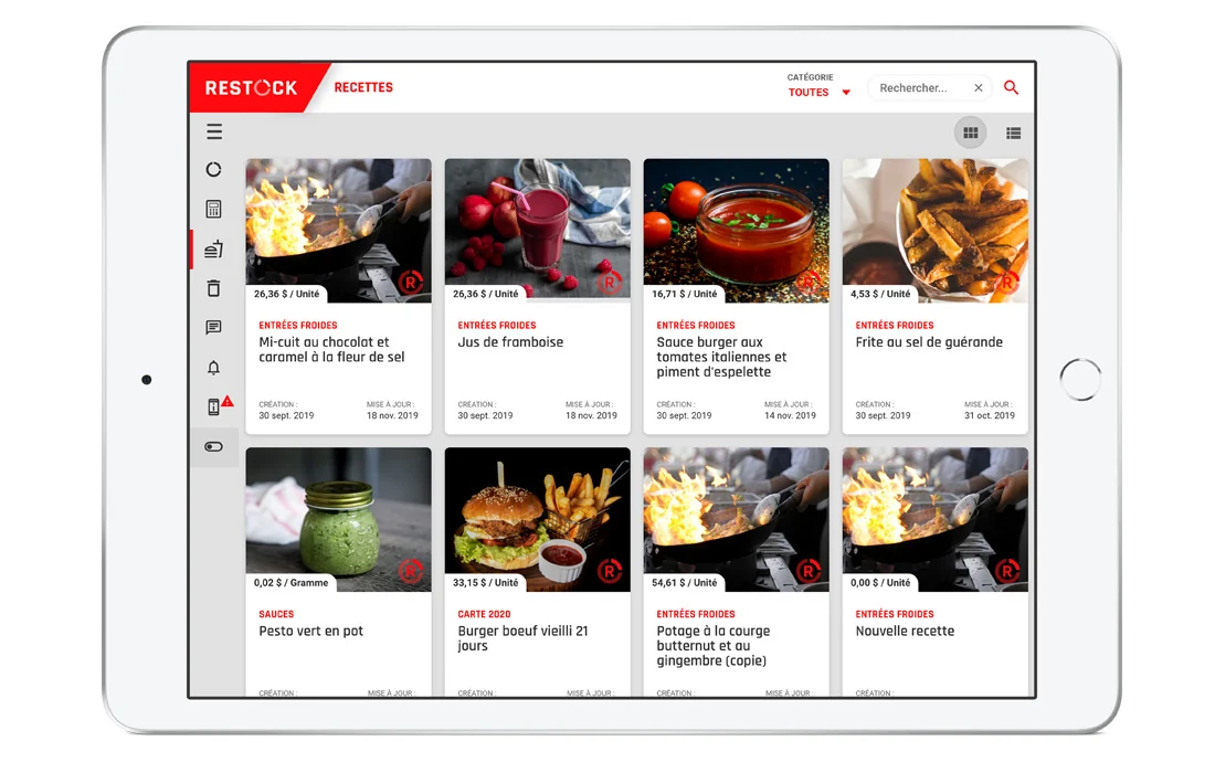 RESTOCK recipes on a tablet, each with its photo and cost
