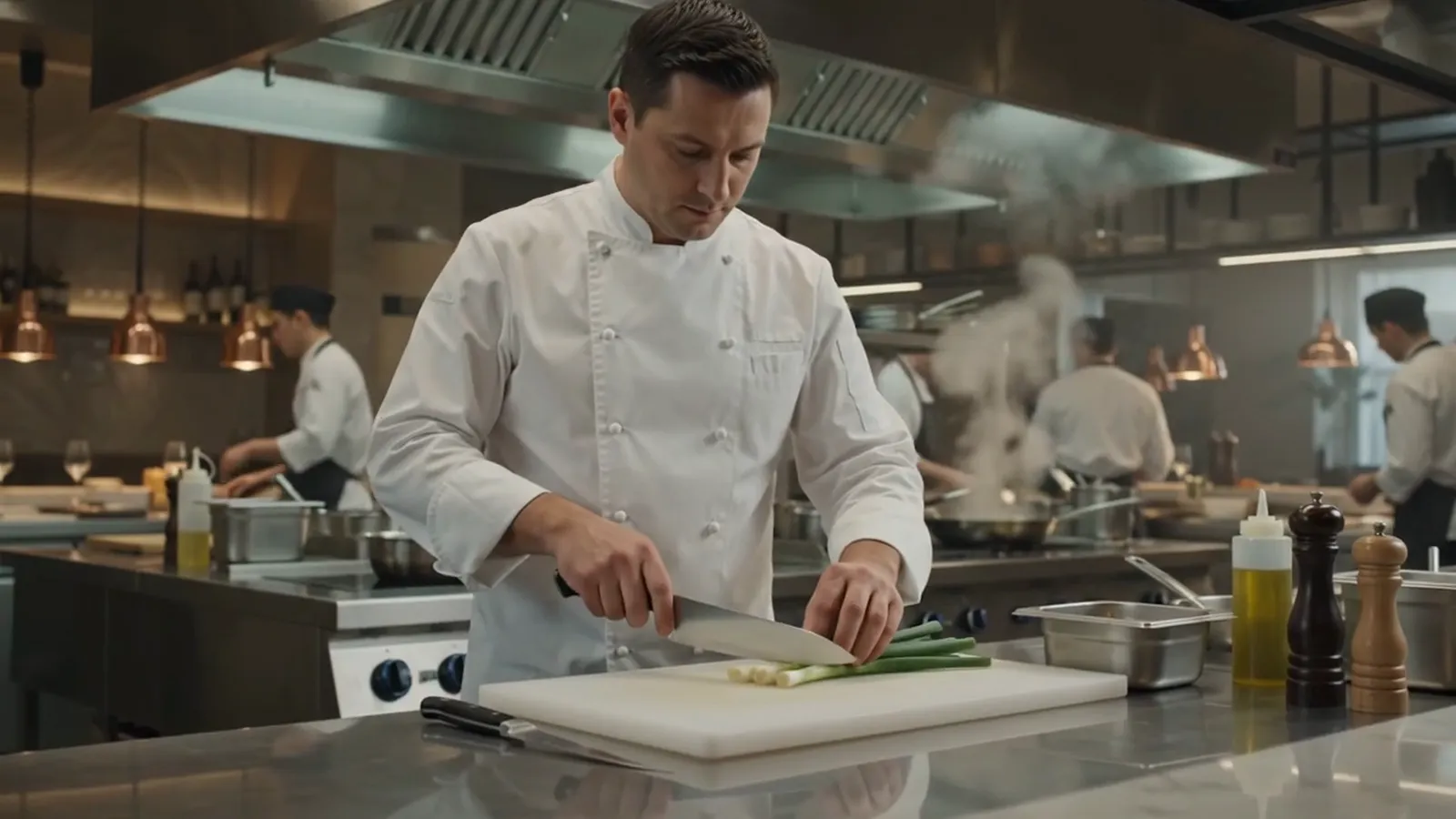 Un chef en poste sur la ligne dans une cuisine professionnelle