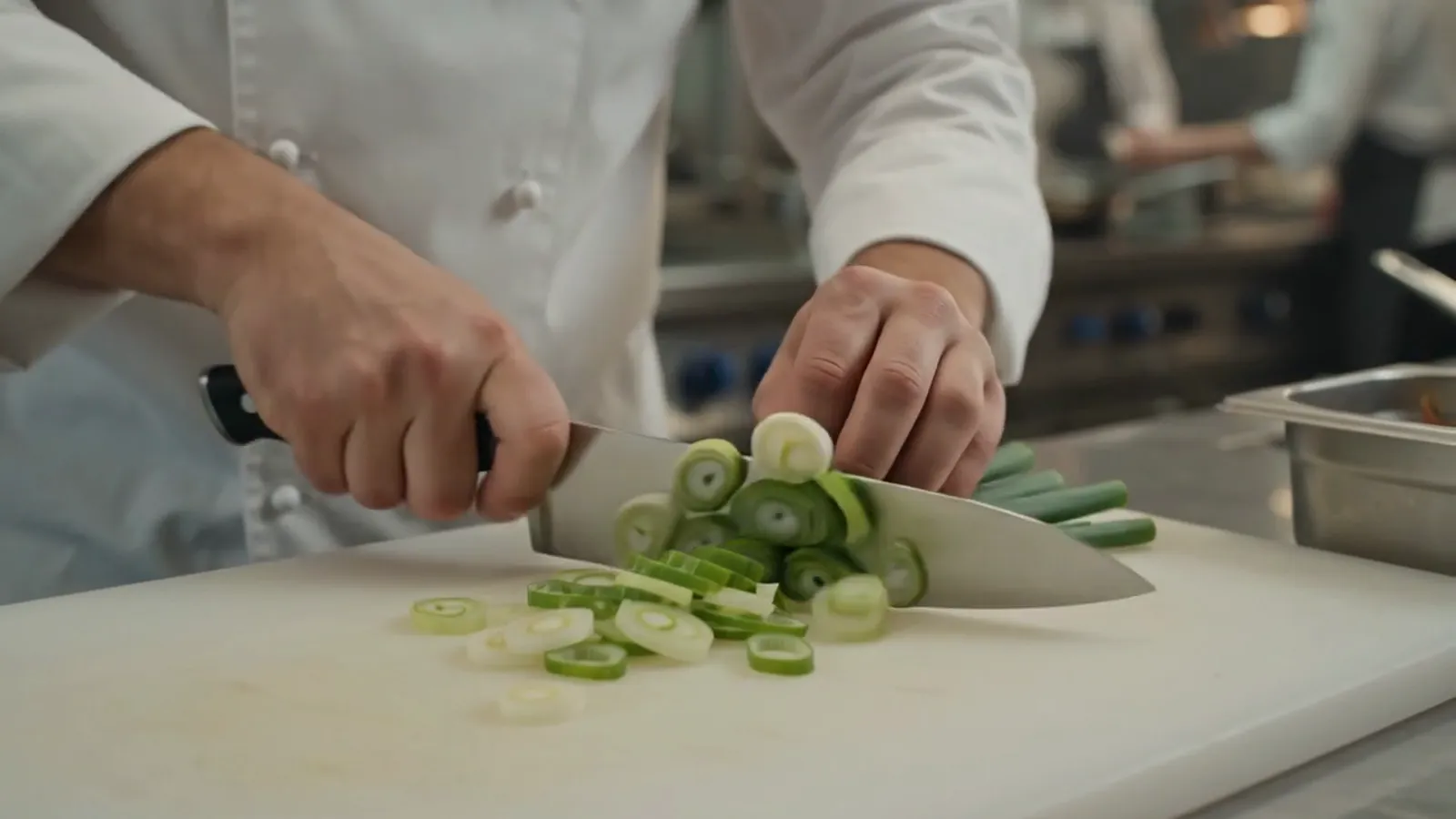 A cook slicing scallions on a prep board